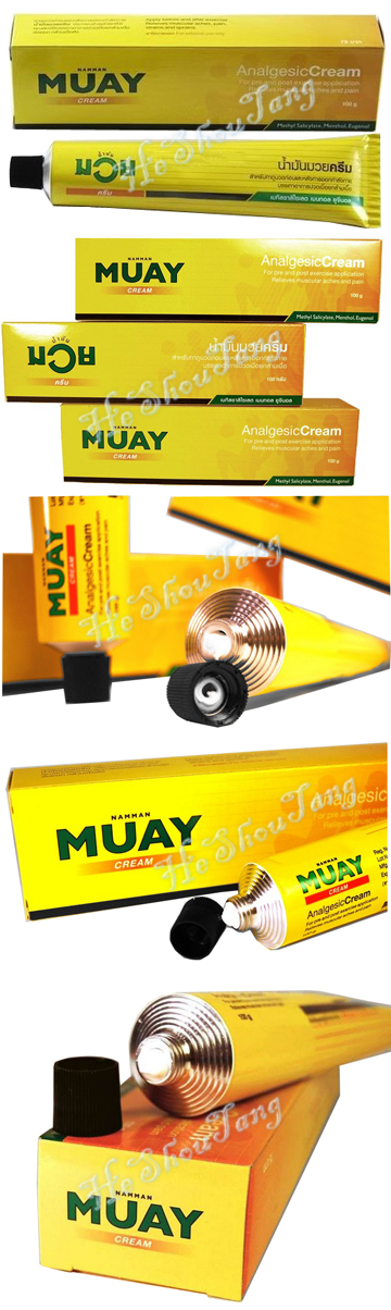 [Product Information] Namman Muay Analgesic Cream (Boxing analgesic cream) is a unique regenerative Thai massage cream that provides relief to muscles, tendons and joints. The cream has a good effect on active rheumatic difficulty and strenuous exercise. This cream used thai boxers, kick boxers and athletes worldwide. Due to its popularity and effectiveness is particularly suitable not only for athletes but also domestic use. The cream is formulated in a highly concentrated non-greasy form with the ability to quickly penetrate the skin and therefore leaves no greasy spots that might remain on the clothes. [Useage] The cream is designed to relieve muscle pain, muscle immobility, disability arthritis, rheumatic pain, injuries and strains. After applying cream the skin will be perfectly perfused and has a warm-cool effect. The cream should be used before exercise or physical effort to warm up muscles to prevent injuries. After completion of exercise and physical activity helps to repair minor damage, relaxes muscles and reduces pain. [Application] Apply the cream to the affected painful area and massage gently until the cream is completely absorbed into the skin. Cream applied to affected areas application area is warm and calm the pain. After the application can be locally flushing. Use it 2-4 times a day. For a classic body massage is recommended cream mixed with conventional oil. [Note] Cream should not be used on infected sites, or broken and injured skin areas. Avoid contact with eyes and mucous membranes! Side effects: Not clear till now.  [Contents] 100 g (0.220 lb) of namman muay analgetic cream Total weight: 130 g (0.287 lb) [Ingredients]	 - Methyl salicylate 10.20% - Menthol 5.44% - Eugenol 1.36% [Pack] 1 pc. tube in an aluminum container packed in a cardboard box [Place of Origin] Thailand 